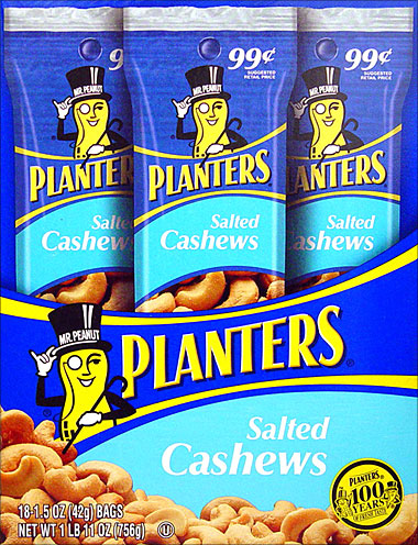 PLANTERS SALTED CASHEWS 18/1.5OZ TUBES