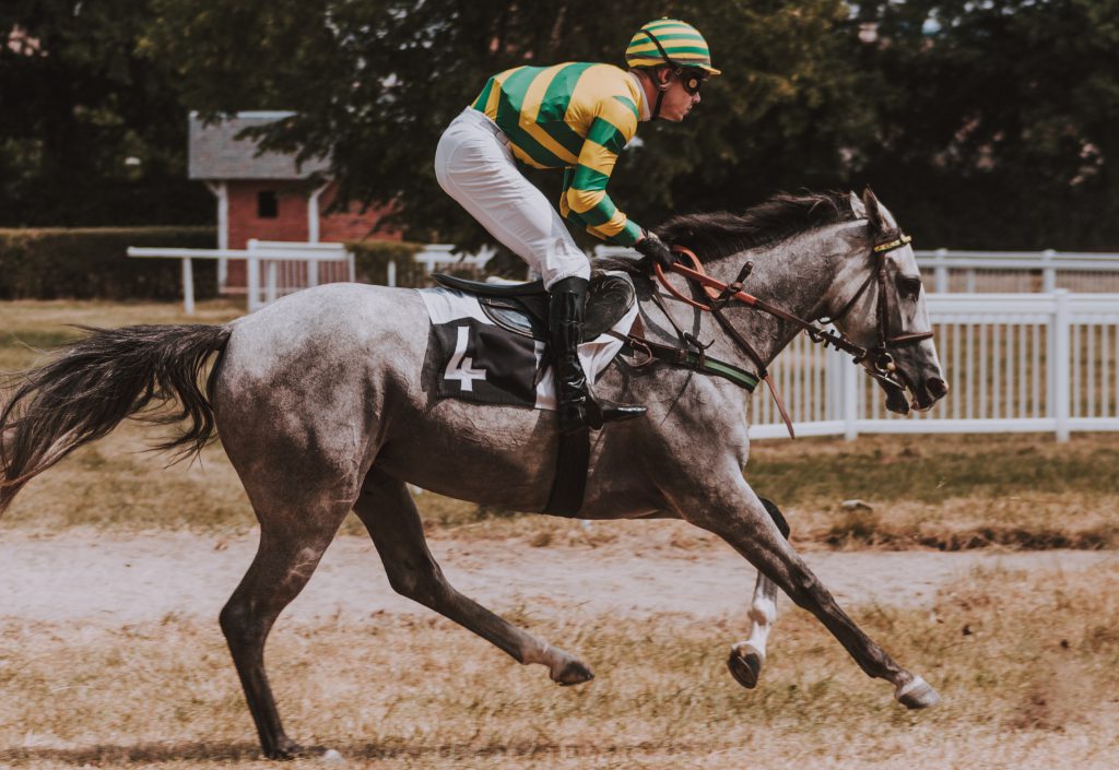 Male jockey wearing stripes riding on a horse whose number on the saddle is "4".
