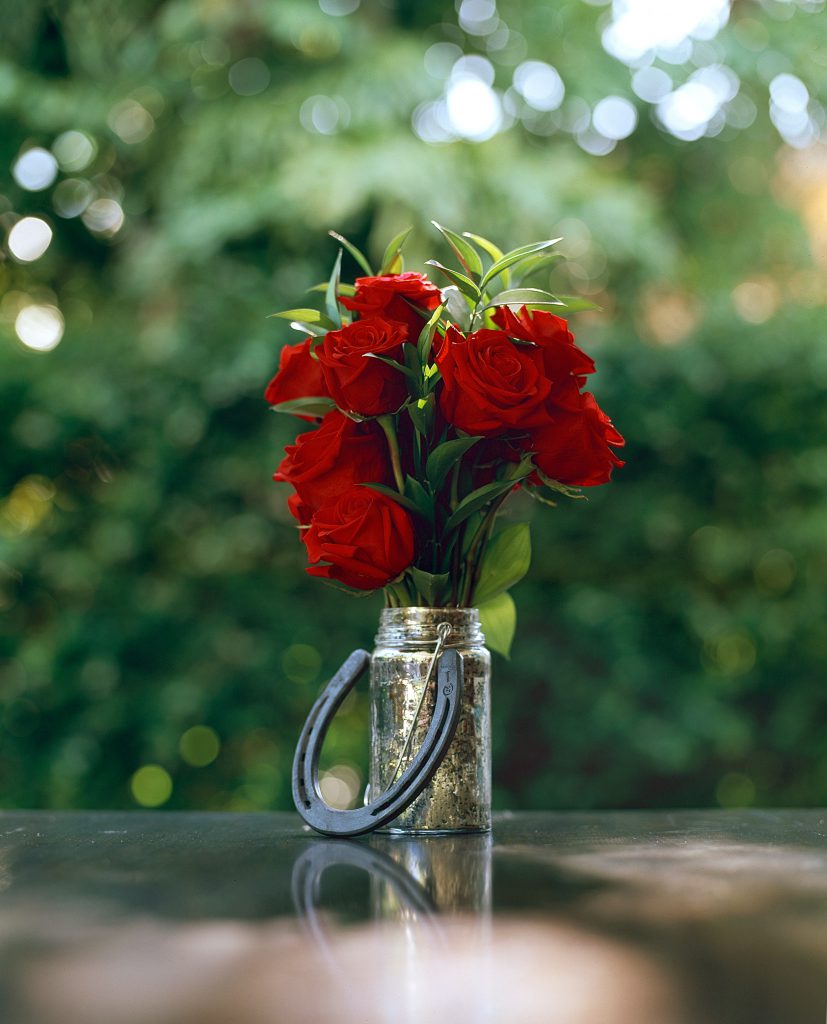 Roses place in a mason jar with a horseshoe leaned against it.