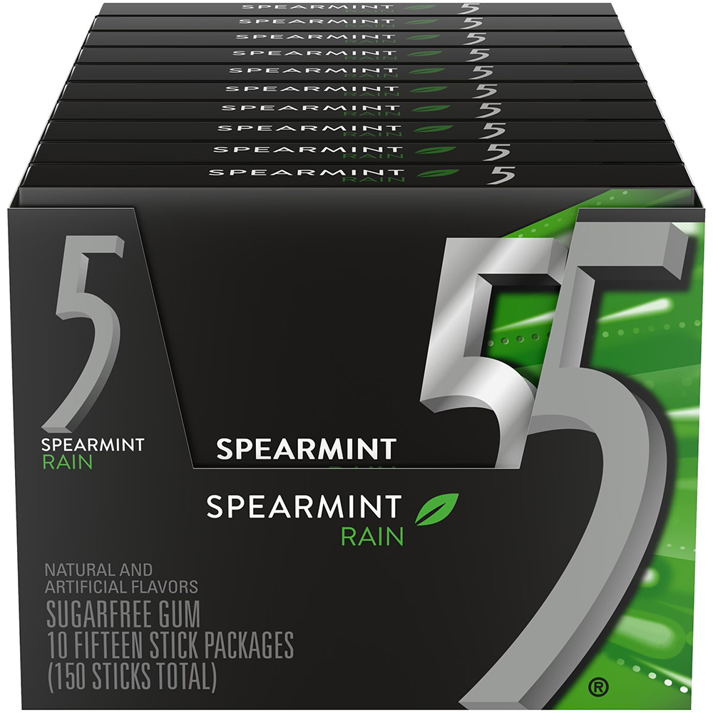 5 Gum Spearmint Rain Sugar Free Chewing Gum, 15 Sticks, 10 Pack