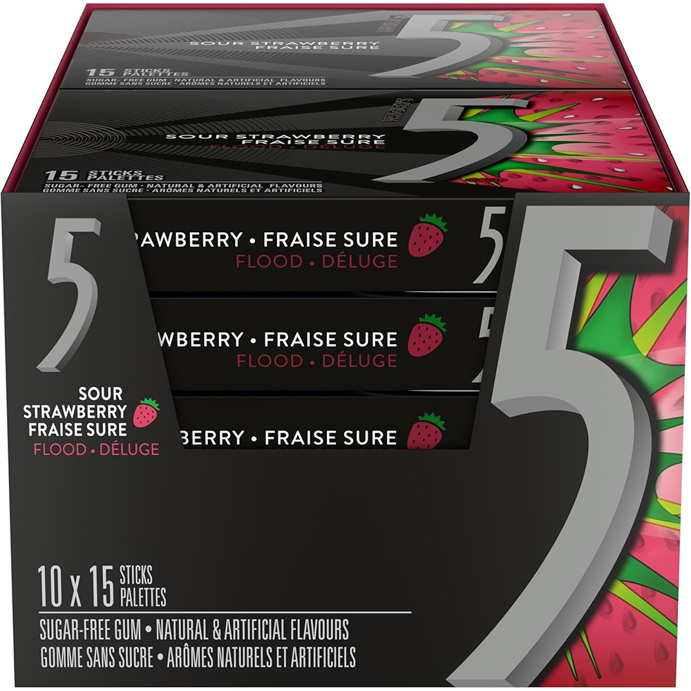 5 Gum Sour Strawberry Flood Sugar Free Chewing Gum, 15 Sticks, 10 Pack