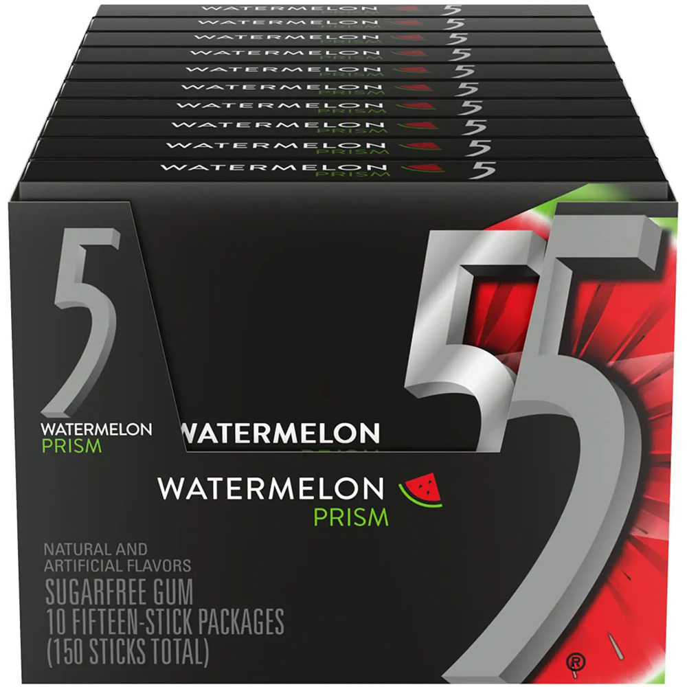 5 Gum Watermelon Prism Sugar Free Chewing Gum, 15 Sticks, 10 Pack