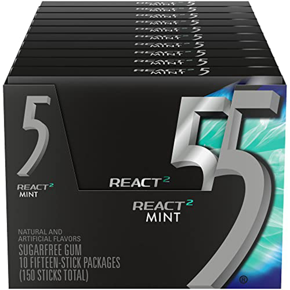 5 Gum Mint React Sugar Free Chewing Gum, 15 Sticks, 10 Pack
