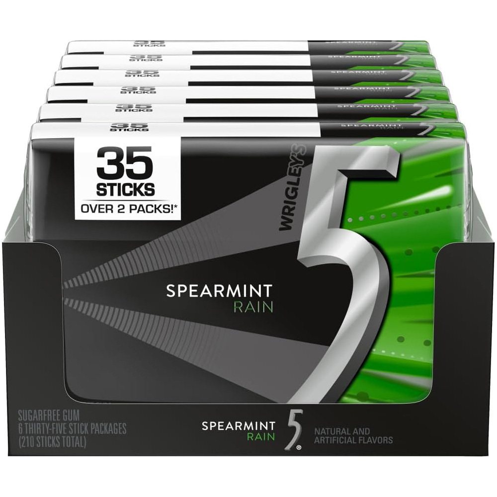 5 Gum Spearmint Rain Sugar Free Chewing Gum, 35 Sticks, 6 Pack