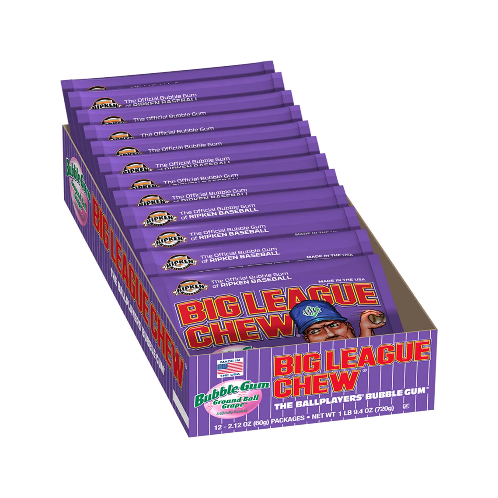 Big League Chew Ground Ball Grape Bubble Gum, 2.12 oz, 12 Pack Box