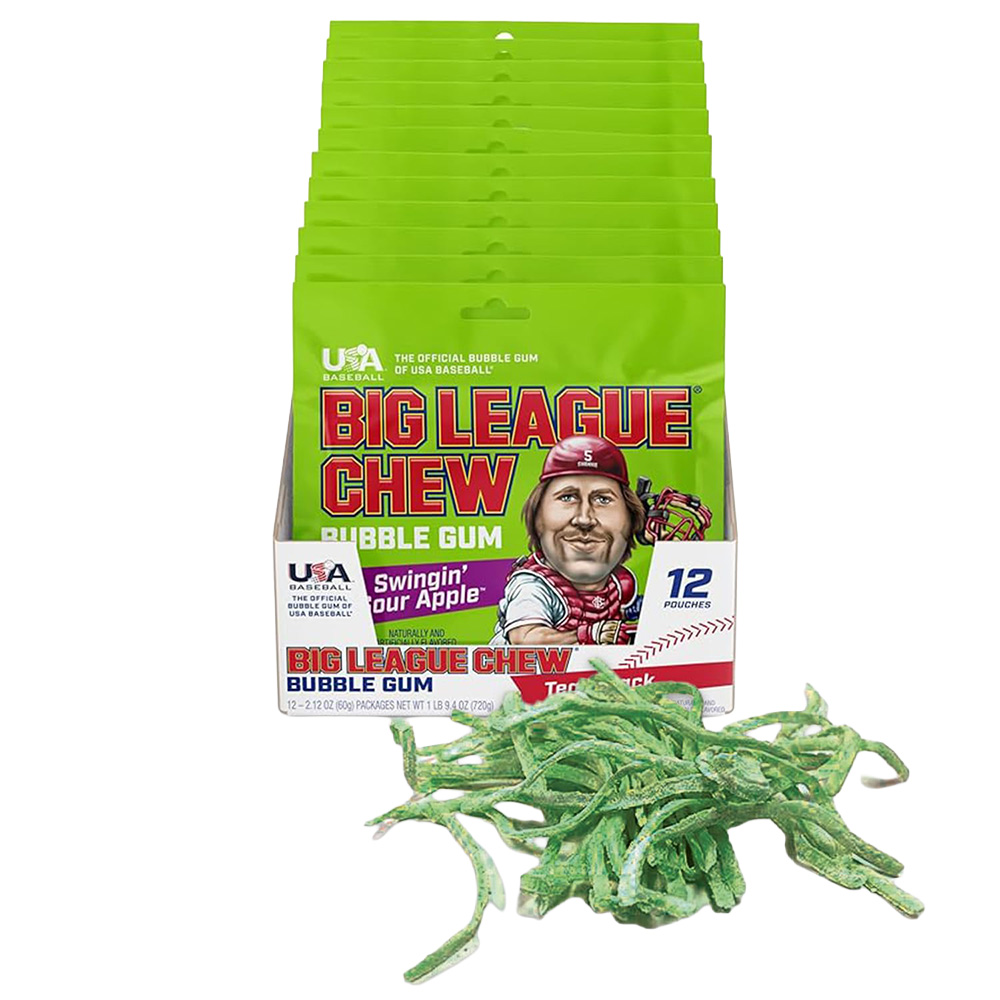 Big League Chew Swingin' Sour Apple Bubble Gum, 2.12 oz, 12 Pack Box