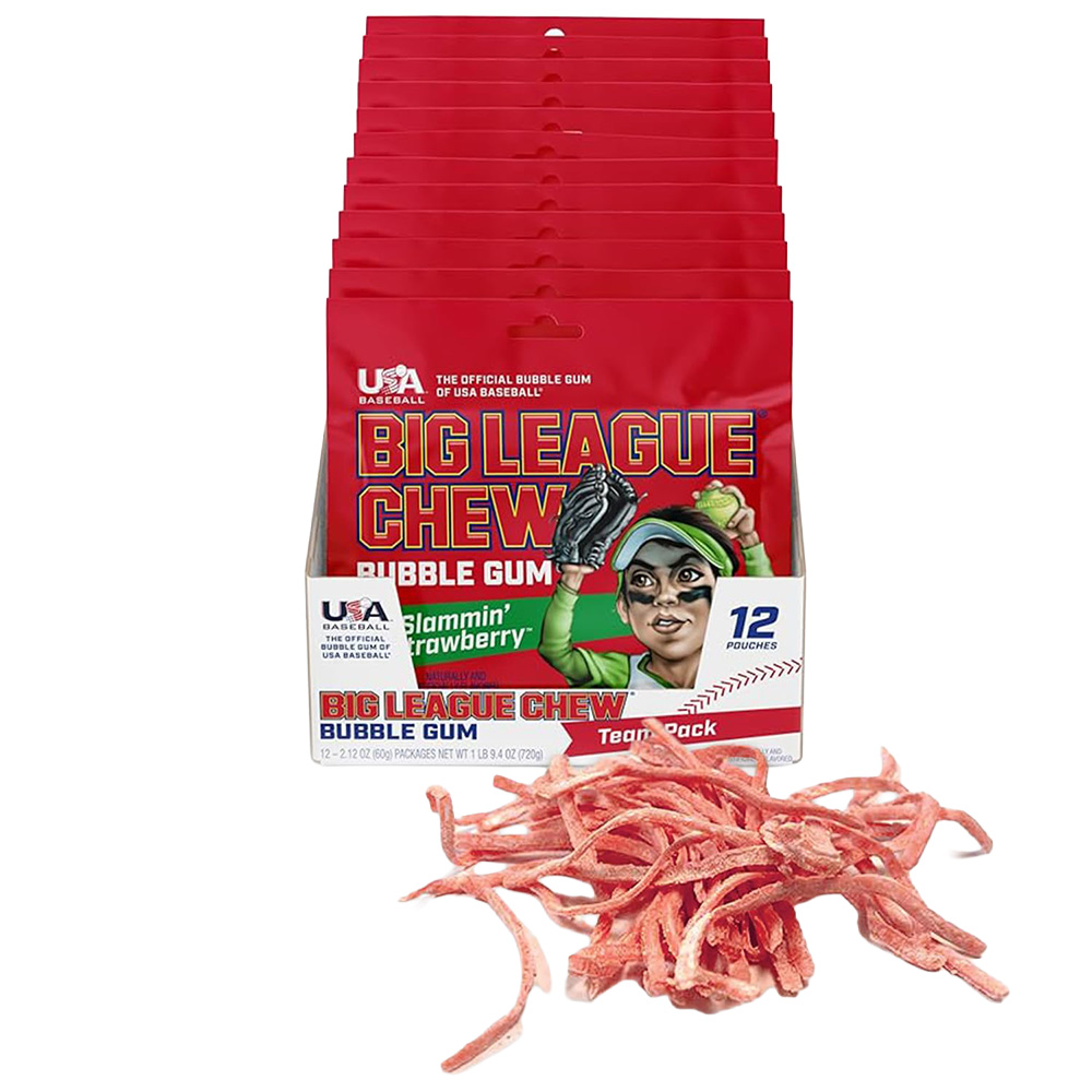 Big League Chew Slammin' Strawberry Bubble Gum, 2.12 oz, 12 Pack Box