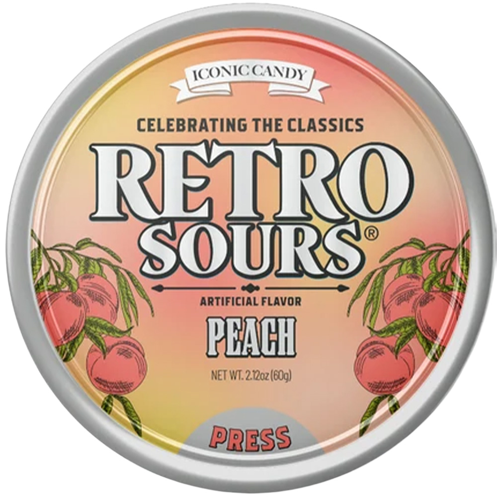 Retro Sours Peach Hard Tangy Candy, 2.12oz Tin