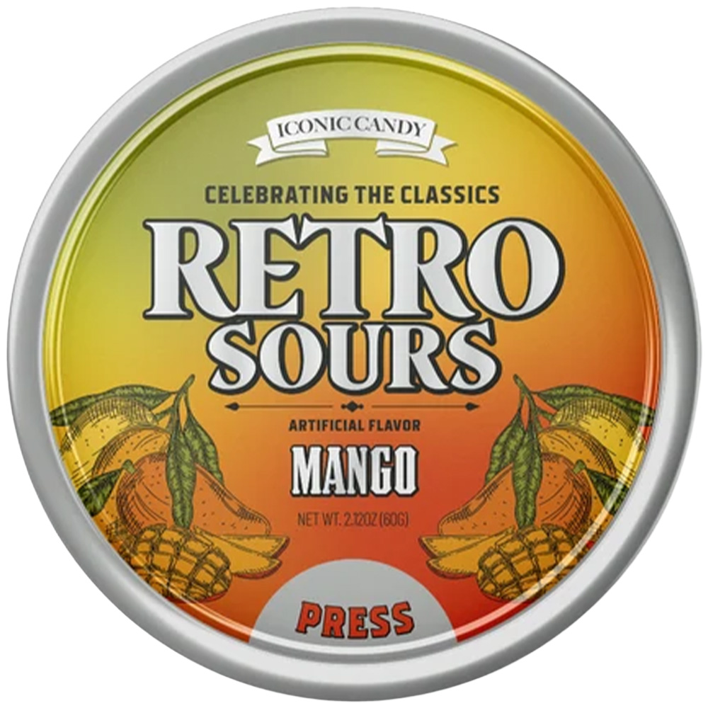 Retro Sours Mango Hard Tangy Candy, 2.12oz Tin