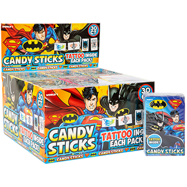 Batman and Superman Candy Sticks with Tattoo 30ct Box 