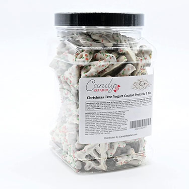 Candy Retailer Christmas Tree Sprinkles and Yogurt Coated Pretzels 1 Lb Jar 