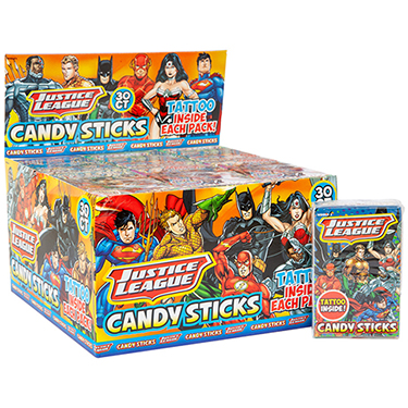 Justice League Candy Sticks with Tattoo 30ct Box 