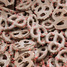 Hayden Valley Chocolate Covered Pretzels with Red Nonpareils 1lb